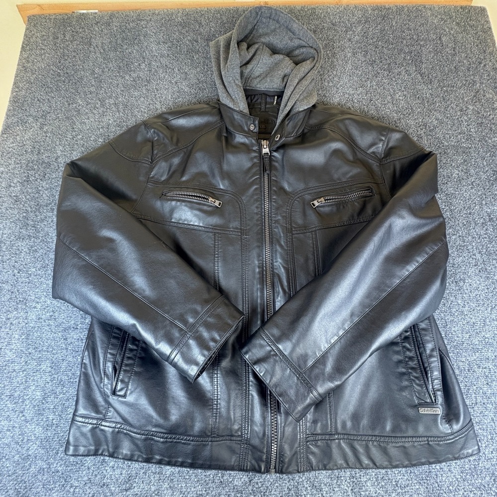 Calvin Klein Motorcycle Jacket Men 2XL Black Faux Leather Pocket Hooded Full Zip
